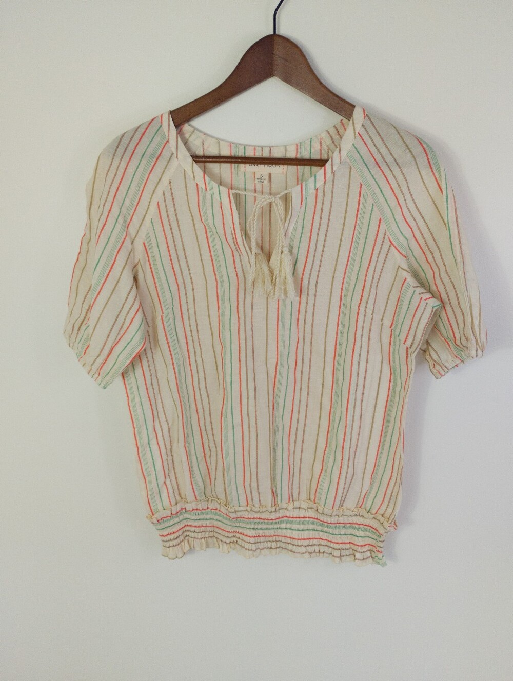 Luna Moon Boho Striped Smocked Peasant Blouse Size Small